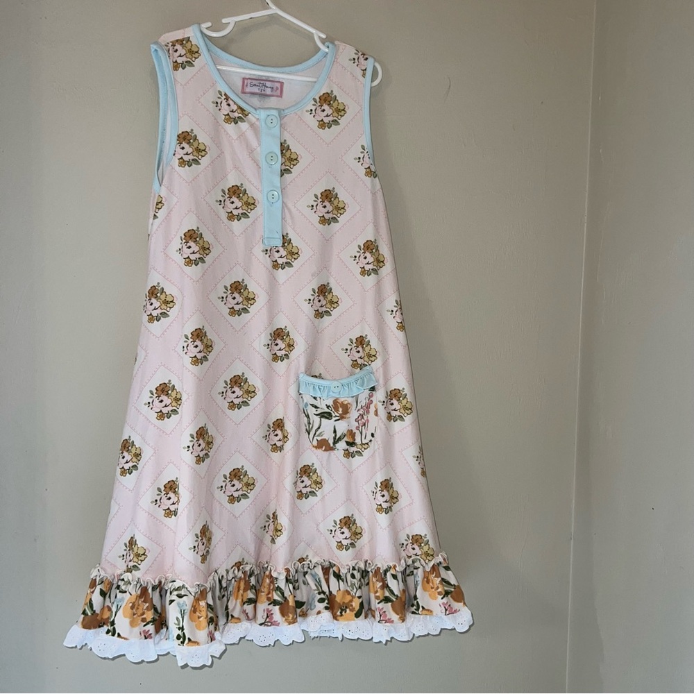 Sweethoney Pink Floral Girls' Nightgown with Blue Trim